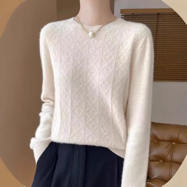 Long-Sleeve Crew Neck Plain Jacquard Knit Top