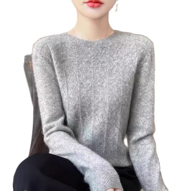 Long-Sleeve Crew Neck Plain Jacquard Knit Top