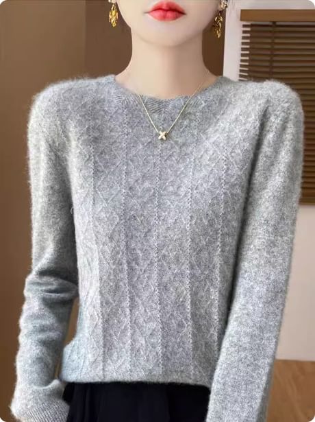 Long-Sleeve Crew Neck Plain Jacquard Knit Top