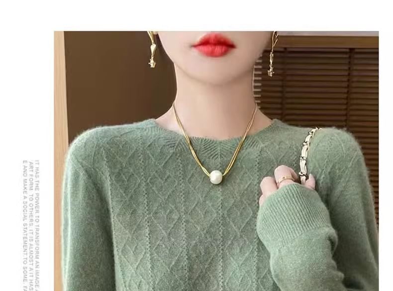 Long-Sleeve Crew Neck Plain Jacquard Knit Top