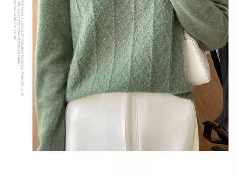 Long-Sleeve Crew Neck Plain Jacquard Knit Top