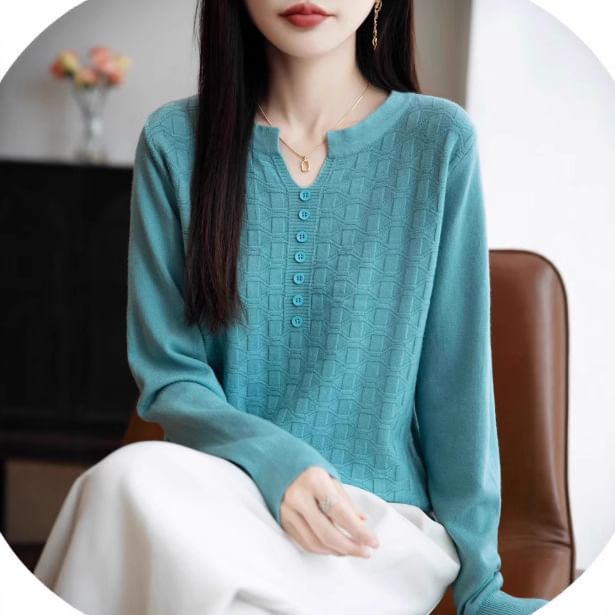 Long-Sleeve Notch Neck Plain Jacquard Knit Top