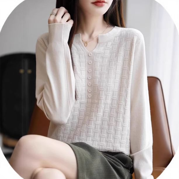 Long-Sleeve Notch Neck Plain Jacquard Knit Top