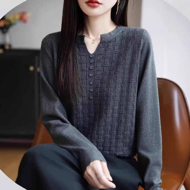 Long-Sleeve Notch Neck Plain Jacquard Knit Top