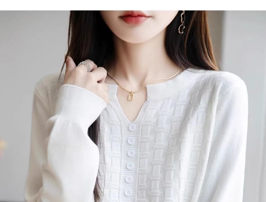 Long-Sleeve Notch Neck Plain Jacquard Knit Top
