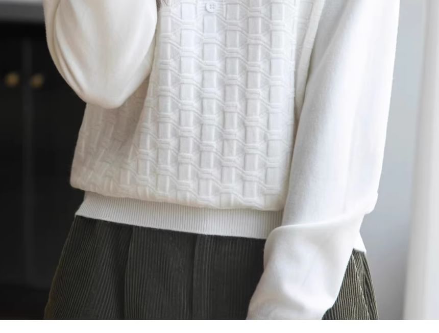 Long-Sleeve Notch Neck Plain Jacquard Knit Top