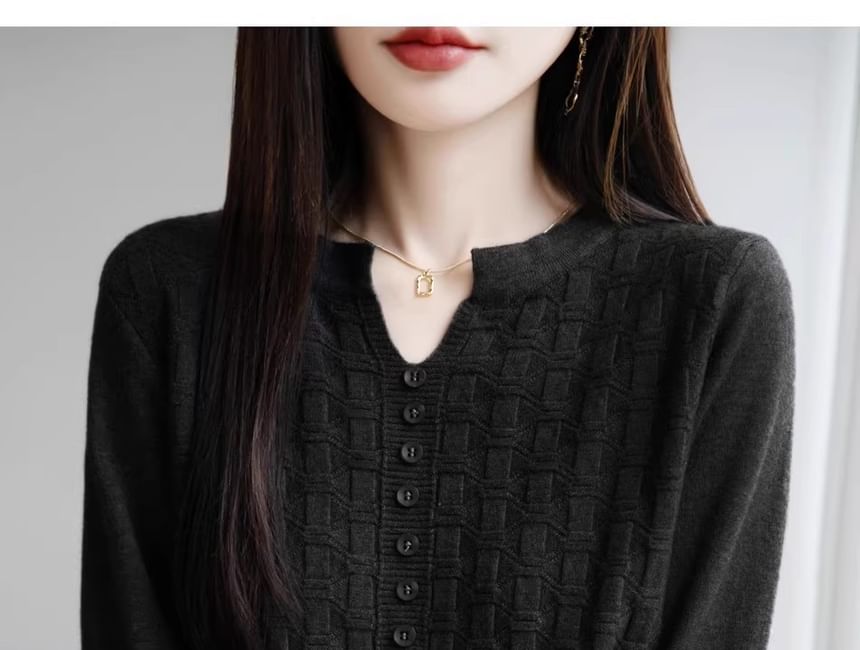 Long-Sleeve Notch Neck Plain Jacquard Knit Top