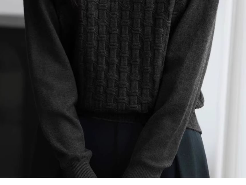 Long-Sleeve Notch Neck Plain Jacquard Knit Top