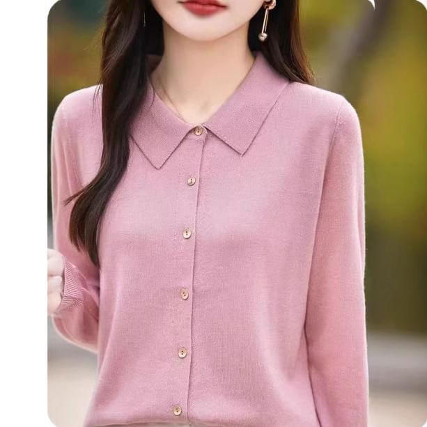 Collared Button-Up Plain Cardigan