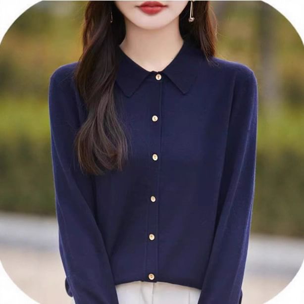 Collared Button-Up Plain Cardigan