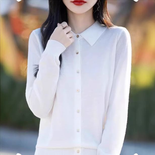 Collared Button-Up Plain Cardigan