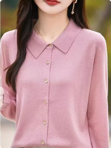 Collared Button-Up Plain Cardigan