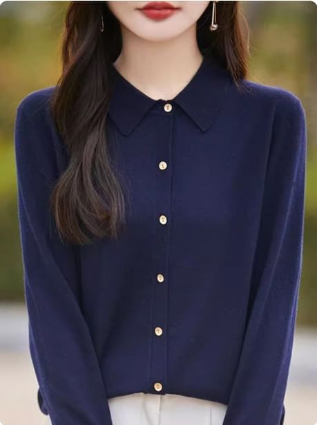 Collared Button-Up Plain Cardigan