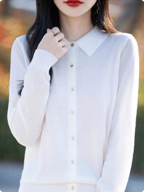 Collared Button-Up Plain Cardigan
