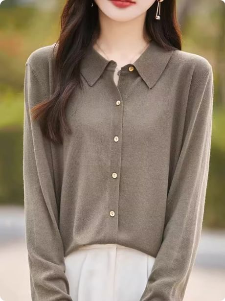 Collared Button-Up Plain Cardigan