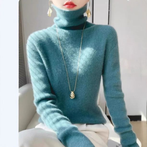 Long-Sleeve Turtleneck Plain Knit Top