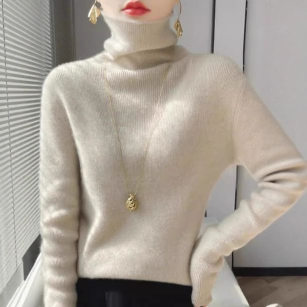 Long-Sleeve Turtleneck Plain Knit Top