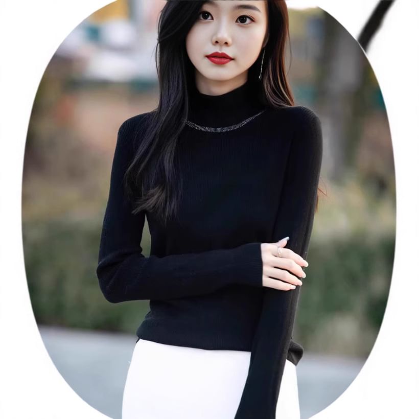 Long-Sleeve Mock Neck Rhinestone Accent Knit Top