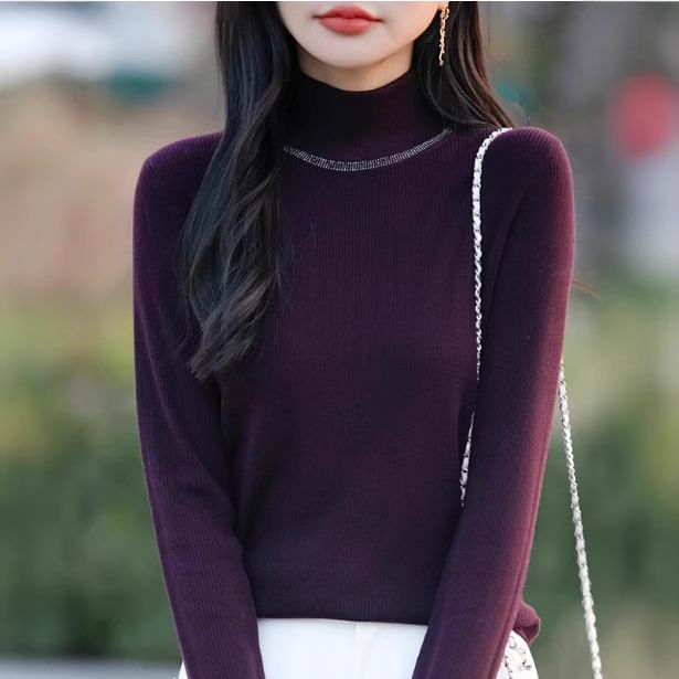 Long-Sleeve Mock Neck Rhinestone Accent Knit Top