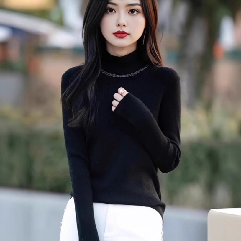 Long-Sleeve Mock Neck Rhinestone Accent Knit Top
