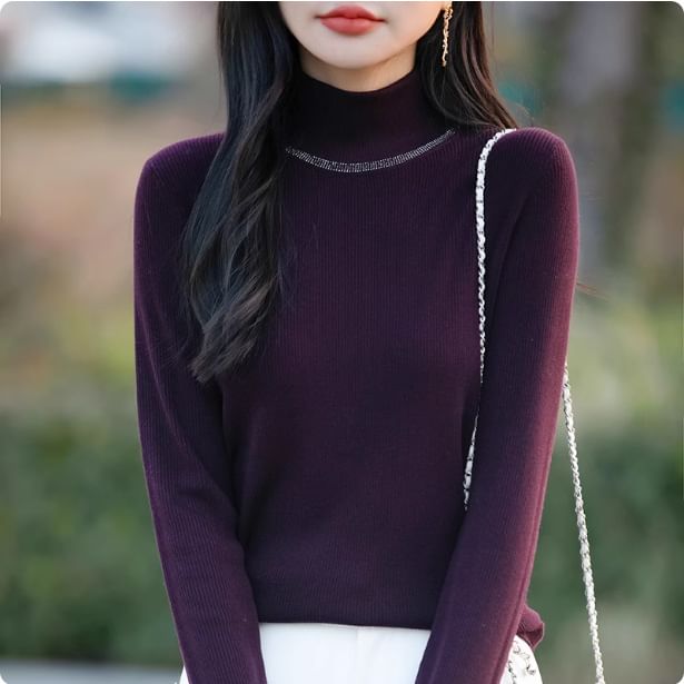 Long-Sleeve Mock Neck Rhinestone Accent Knit Top