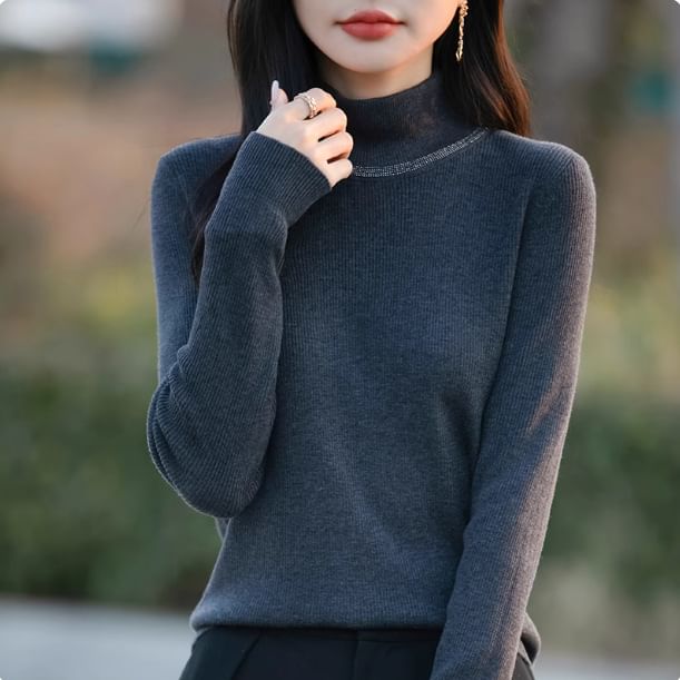 Long-Sleeve Mock Neck Rhinestone Accent Knit Top