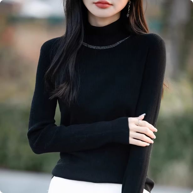 Long-Sleeve Mock Neck Rhinestone Accent Knit Top