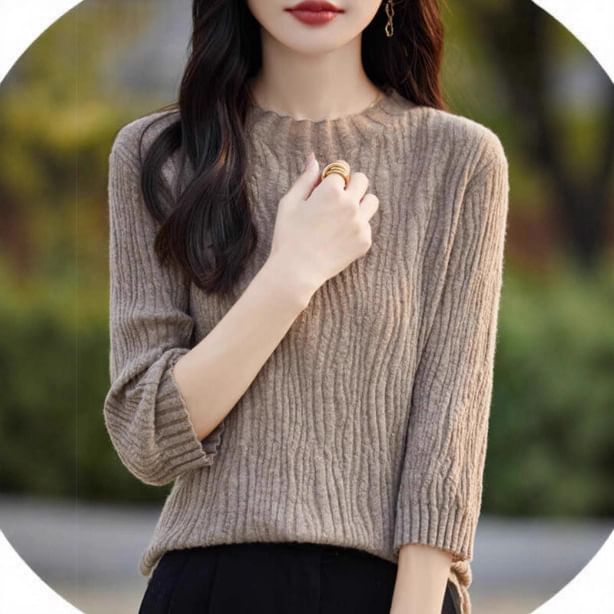 3/4-Sleeve Round Neck Plain Crinkle Knit Top