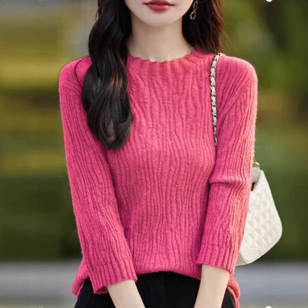 3/4-Sleeve Round Neck Plain Crinkle Knit Top