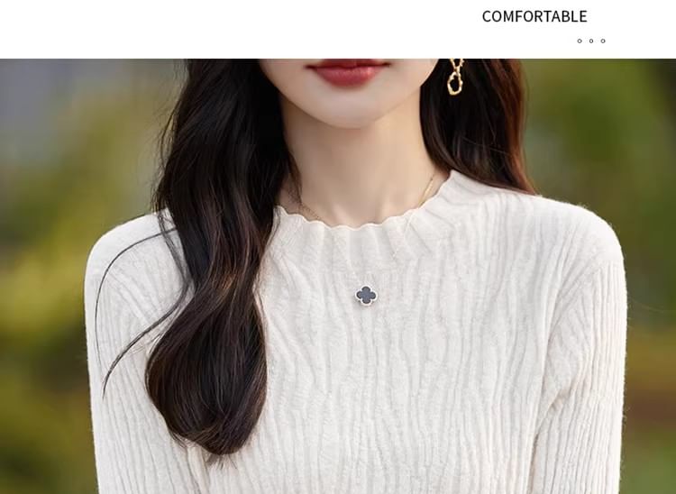3/4-Sleeve Round Neck Plain Crinkle Knit Top