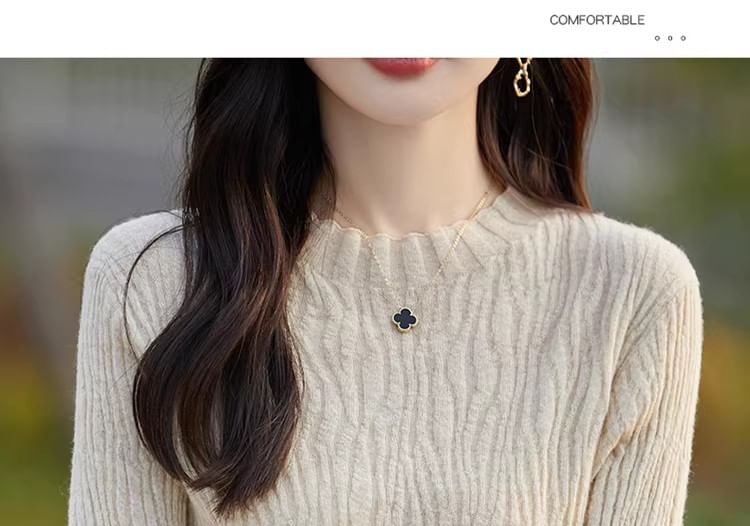 3/4-Sleeve Round Neck Plain Crinkle Knit Top