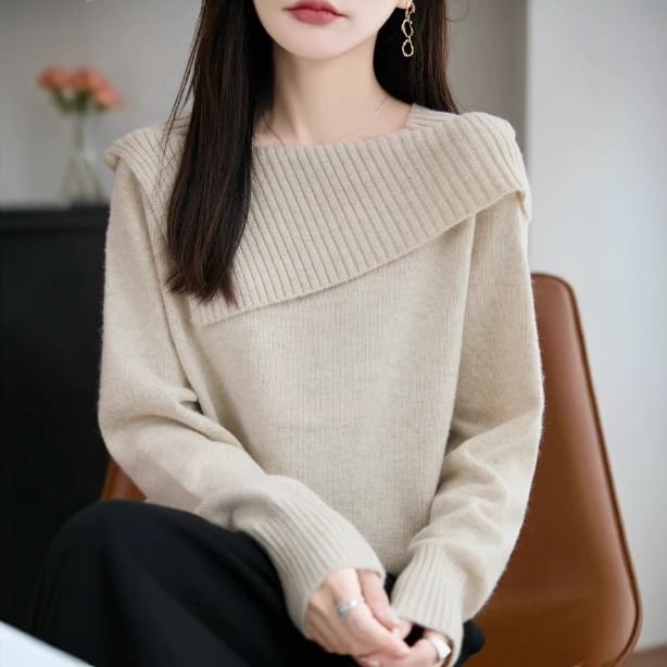 Boat Neck Plain Asymmetrical Sweater