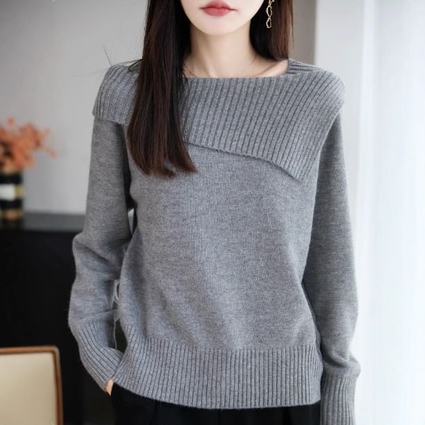 Boat Neck Plain Asymmetrical Sweater