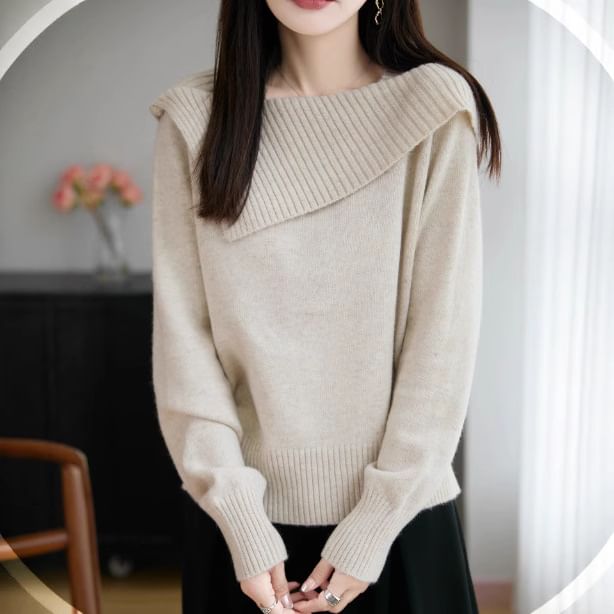 Boat Neck Plain Asymmetrical Sweater