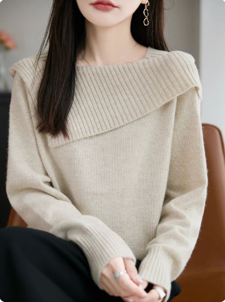 Boat Neck Plain Asymmetrical Sweater