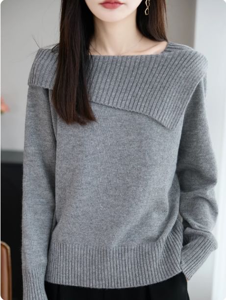Boat Neck Plain Asymmetrical Sweater