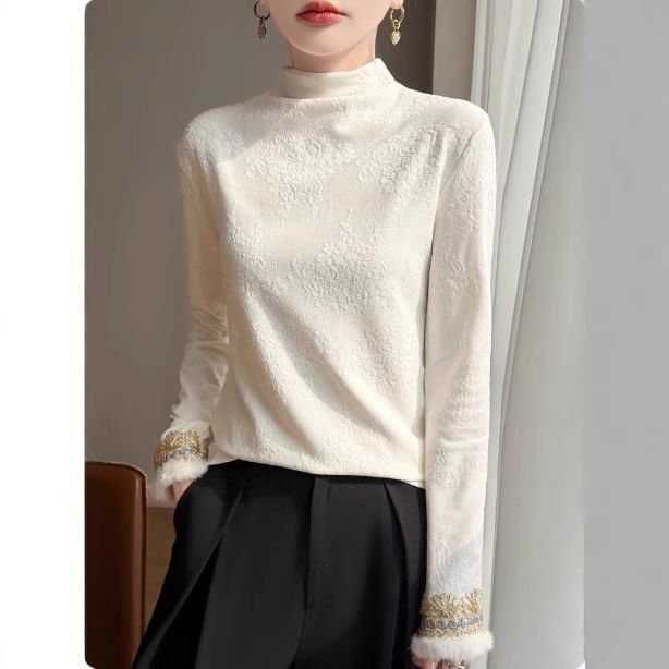 Long-Sleeve Mock Neck Floral Jacquard Fluffy Trim Tee
