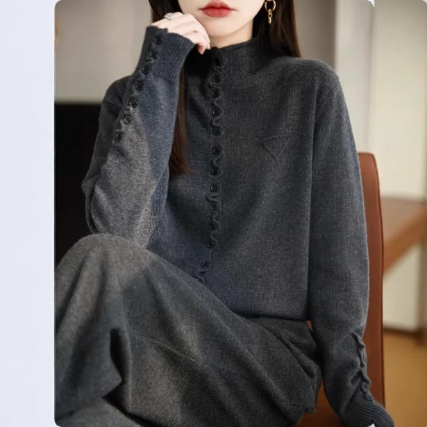 Stand Collar Button-Up Plain Cardigan