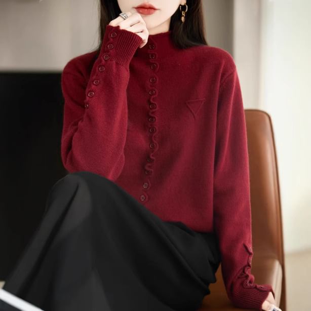 Stand Collar Button-Up Plain Cardigan