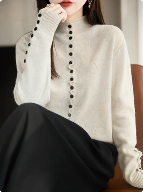 Stand Collar Button-Up Plain Cardigan