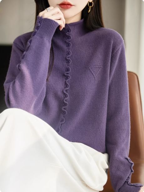 Stand Collar Button-Up Plain Cardigan