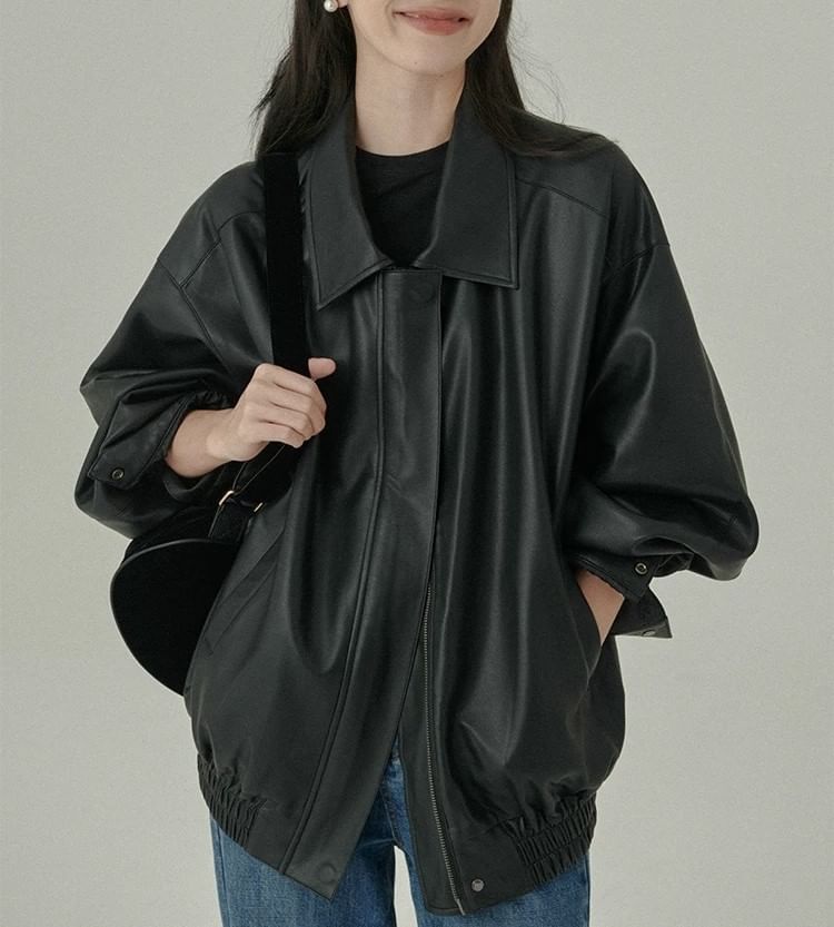 Collar Plain Faux Leather Zip Jacket