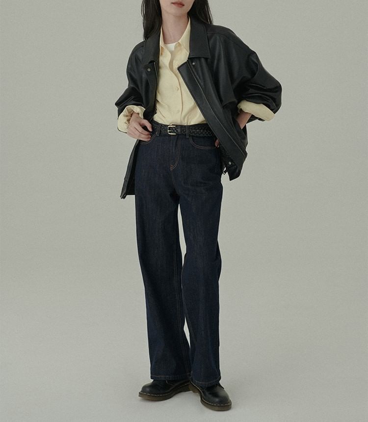 Collar Plain Faux Leather Zip Jacket