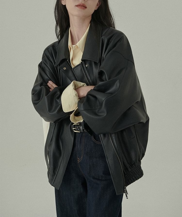 Collar Plain Faux Leather Zip Jacket