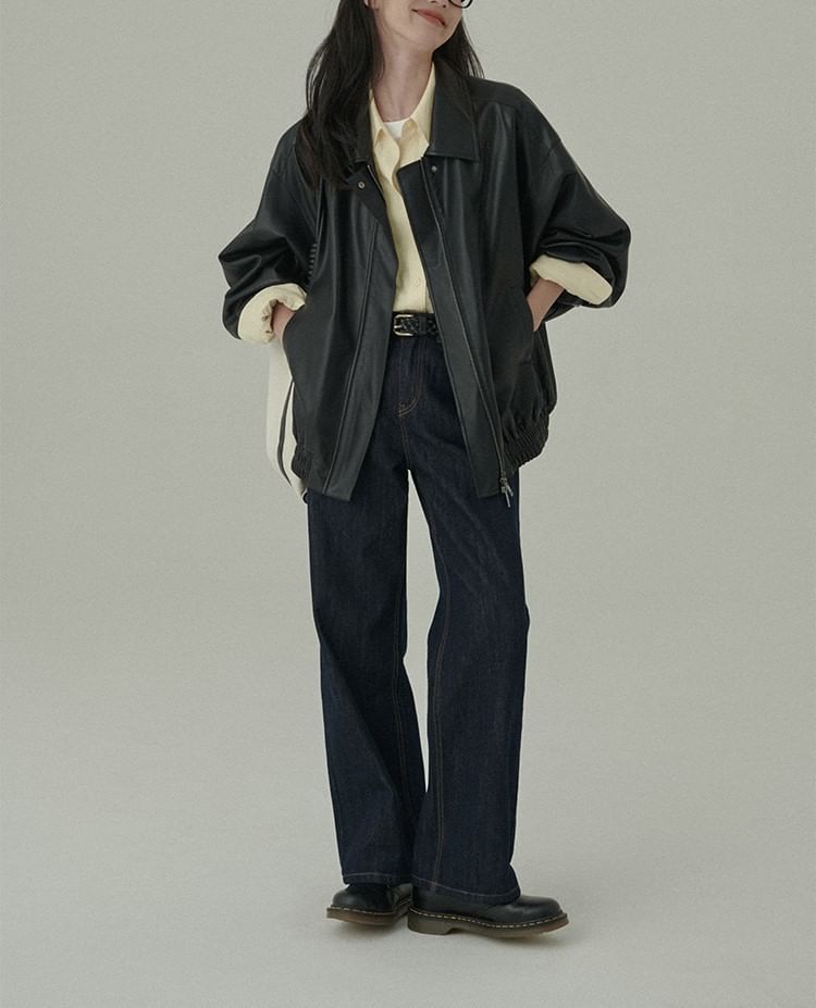 Collar Plain Faux Leather Zip Jacket