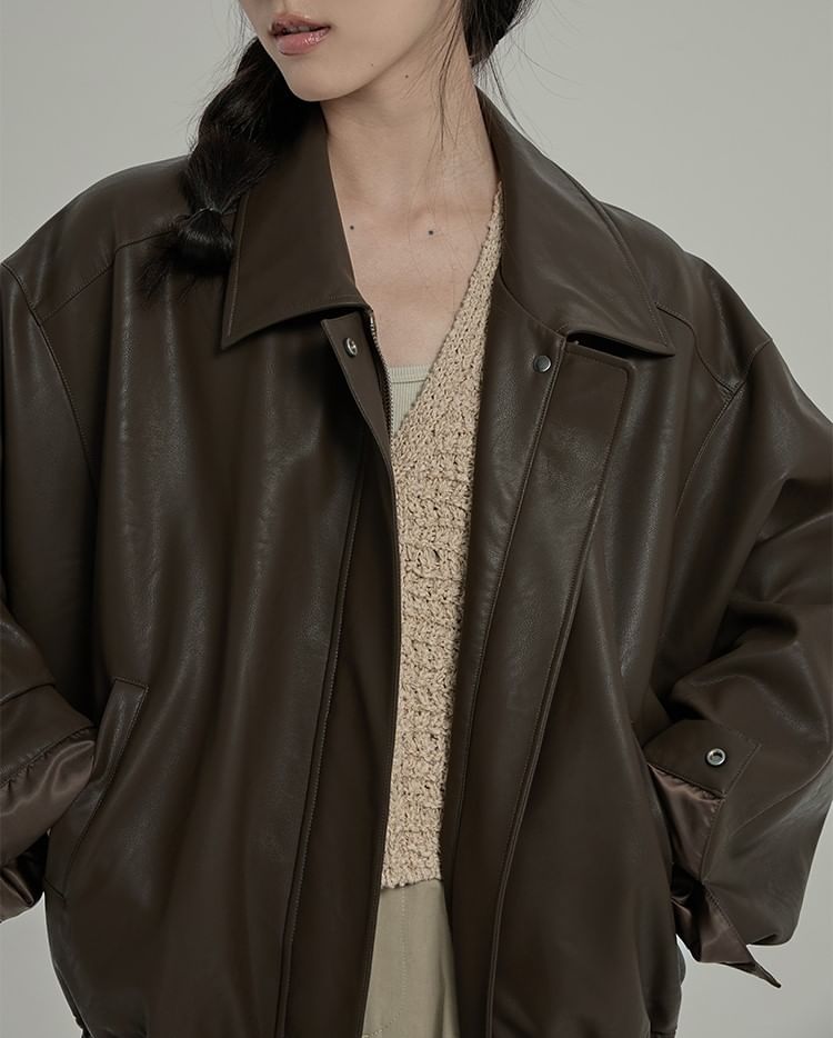 Collar Plain Faux Leather Zip Jacket