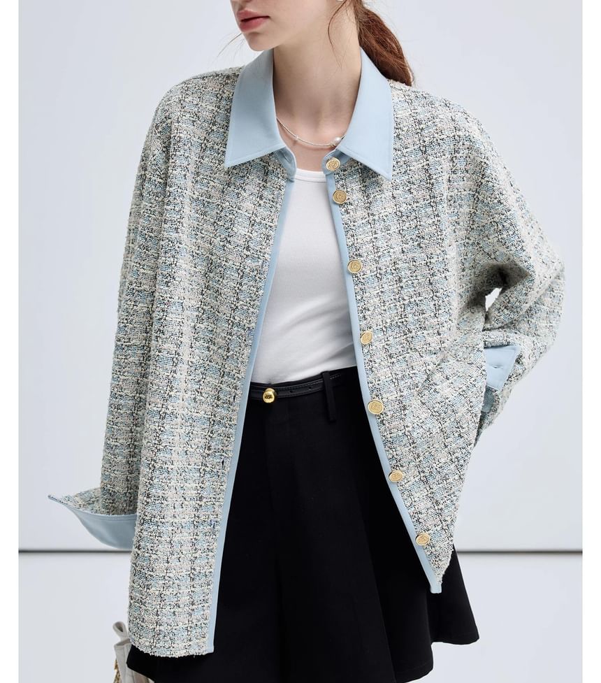 Collar Tweed Contrast Trim Button Jacket