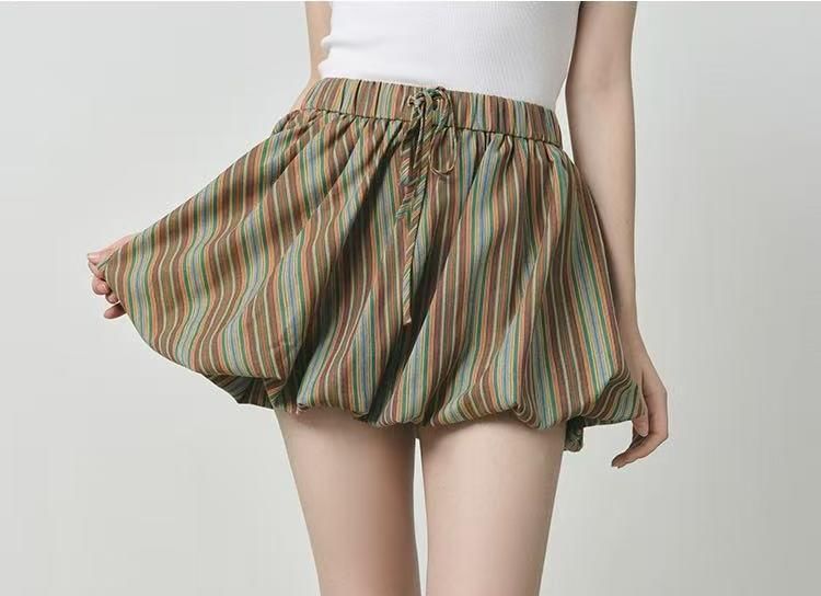 Drawstring Waist Striped Bubble Hem Mini A-Line Skirt / Long-Sleeve Crew Neck Dog Print T-Shirt