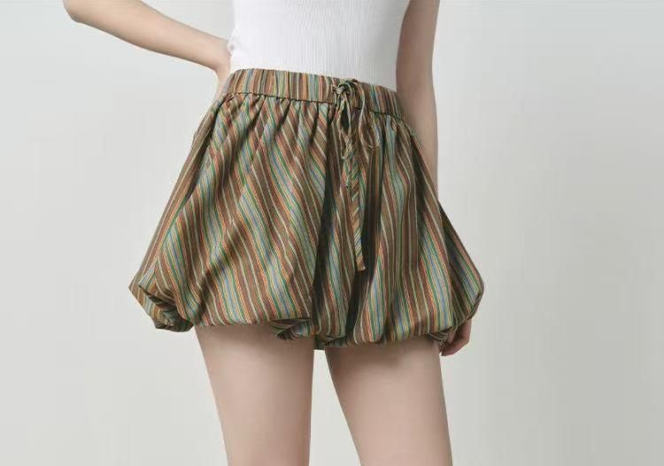 Drawstring Waist Striped Bubble Hem Mini A-Line Skirt / Long-Sleeve Crew Neck Dog Print T-Shirt