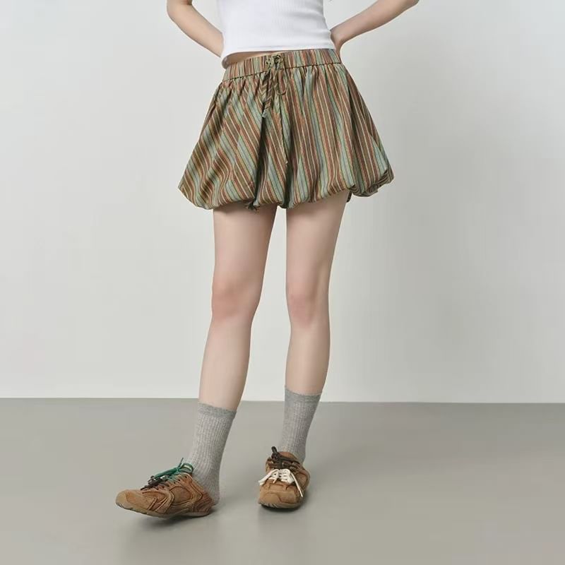 Drawstring Waist Striped Bubble Hem Mini A-Line Skirt / Long-Sleeve Crew Neck Dog Print T-Shirt